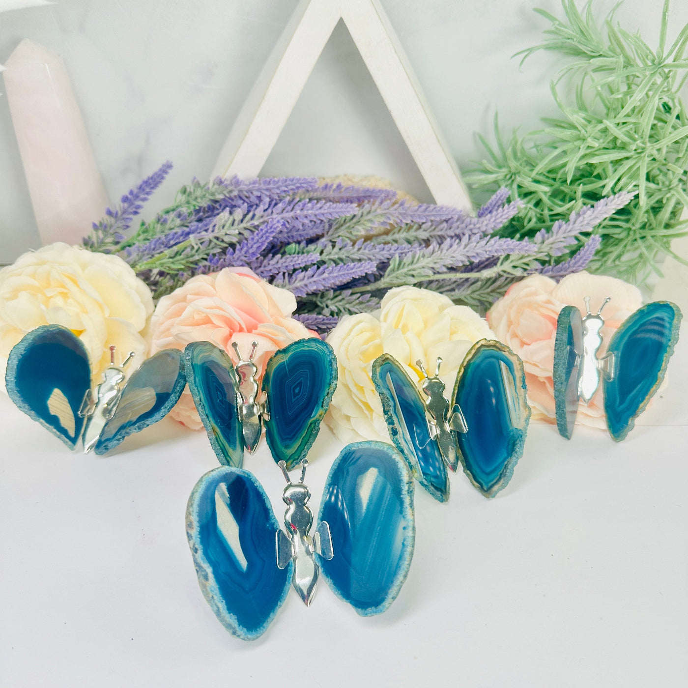 Agate Slice Crystal Butterfly on Stand - Dyed Blue Agate - You Choose all variants with flowers