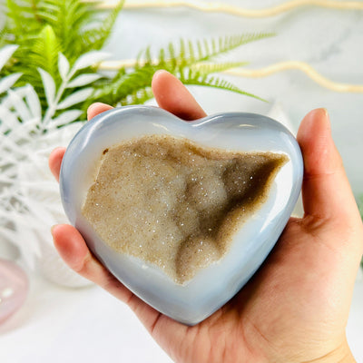 Agate Geode Heart with Druzy - Polished Crystal Heart in hand for size reference