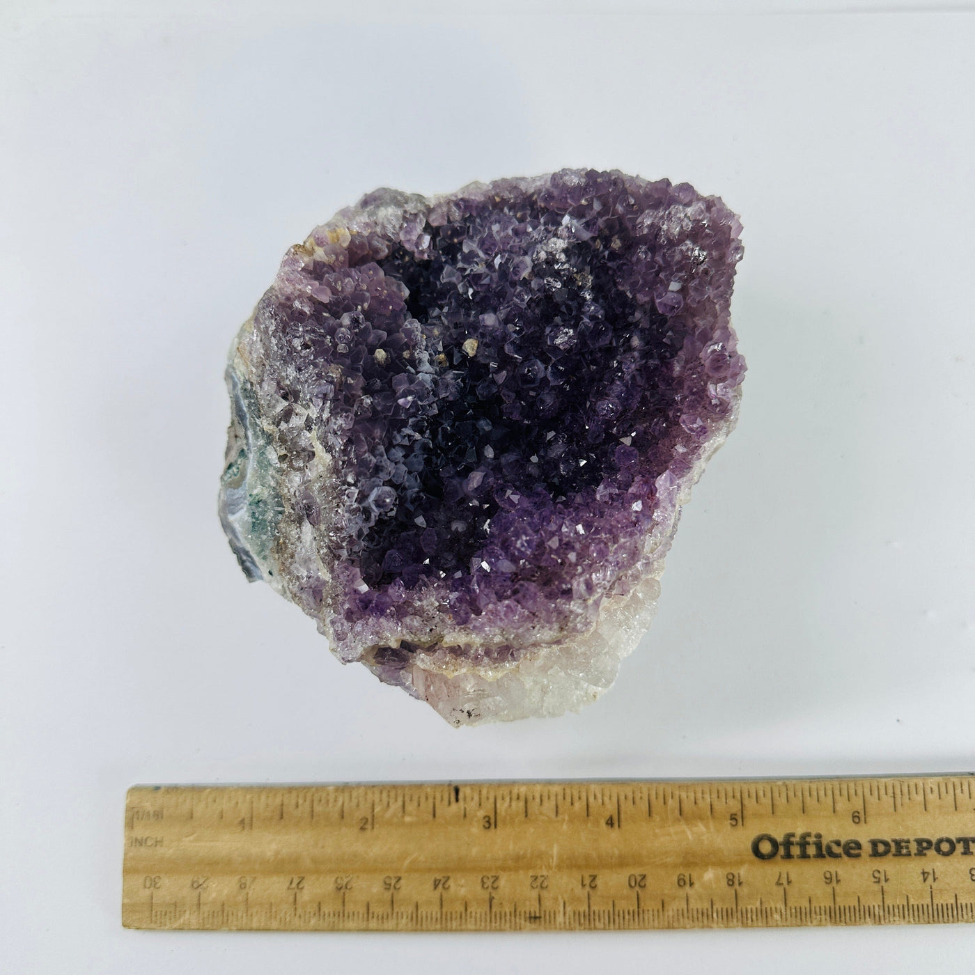Amethyst Crystal Cluster - natural amethyst top view with ruler for size reference