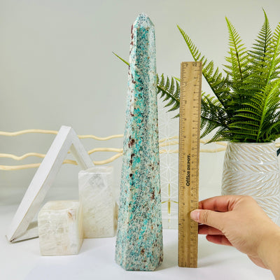  Amazonite Polished Point Crystal Tower next to ruler and hand for size reference