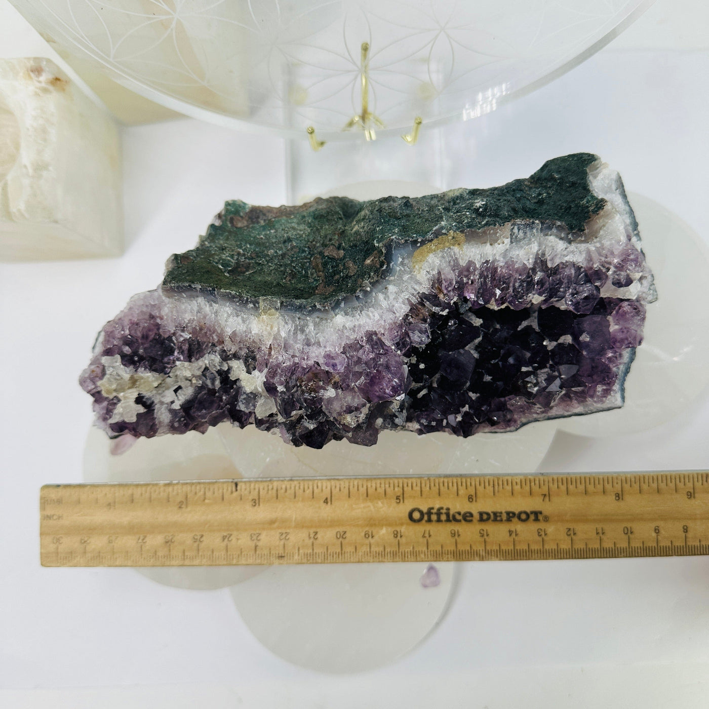 Raw Amethyst Cluster - long amethyst cluster with ruler for size reference