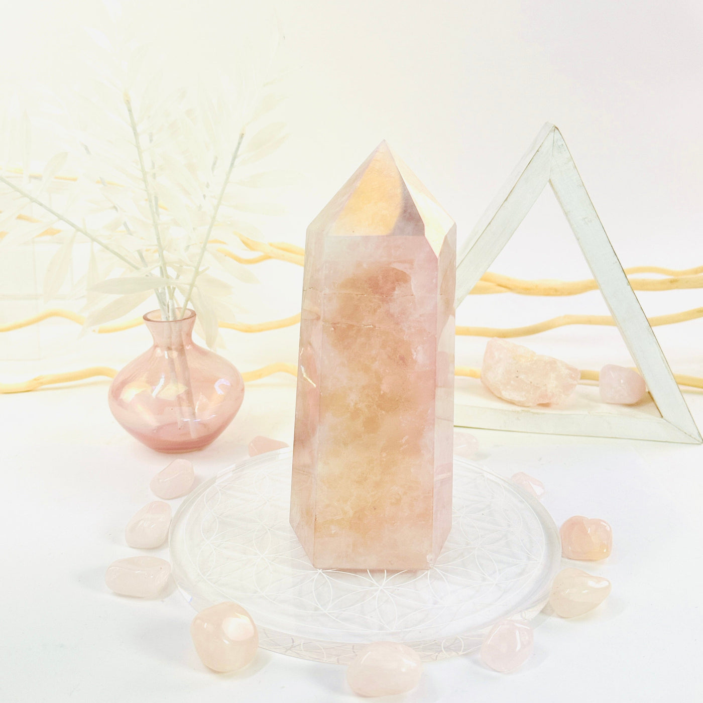 Angel Aura Rose Quartz Polished Point with Natural Inclusions back view