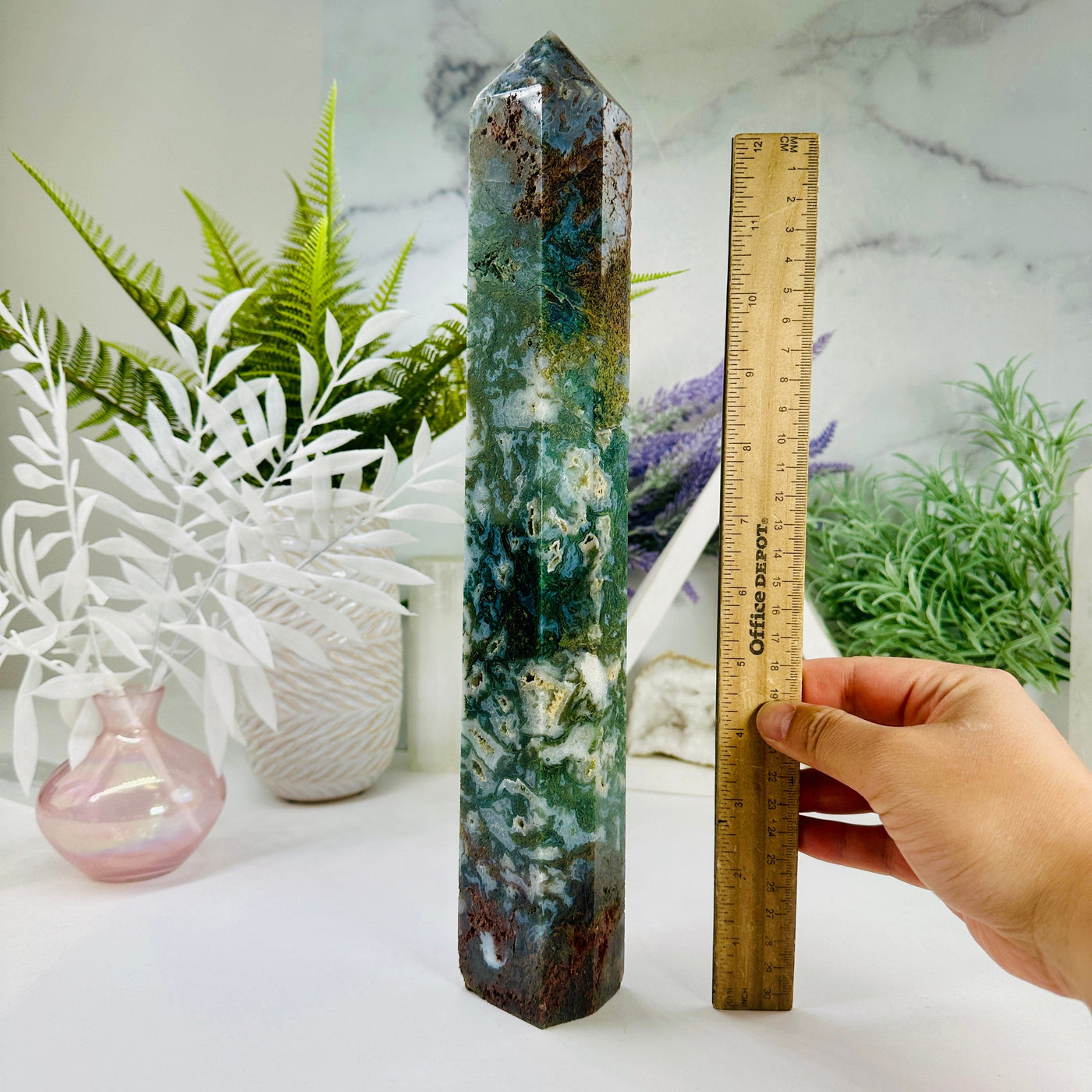 Moss Agate Generator - OOAK front view with ruler for size reference