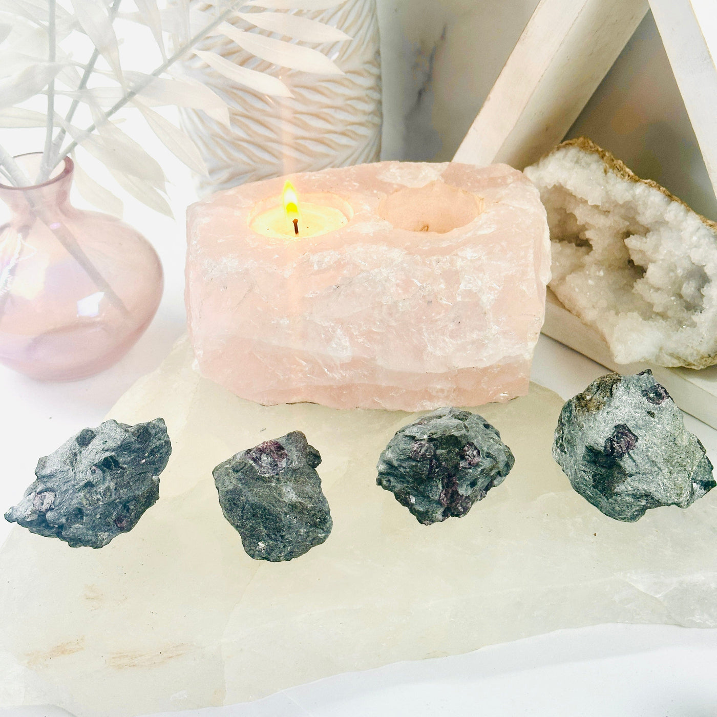 Garnet on Hematite Matrix - Natural Crystal four stones in home decor background