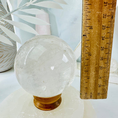 Crystal Quartz - Clear Quartz Sphere - OOAK - on stand next to ruler for size reference