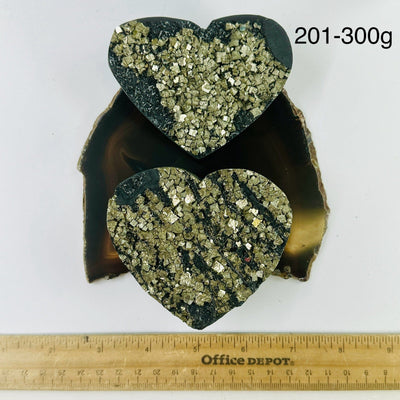 Pyrite on Basalt Hearts - By Weight 201-300g variants on agate slice with ruler for size reference