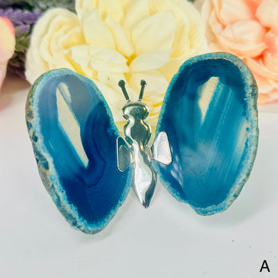 Agate Slice Crystal Butterfly on Stand - Dyed Blue Agate - You Choose variant A labeled