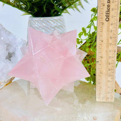 Rose Quartz Merkaba different angle with ruler for size reference