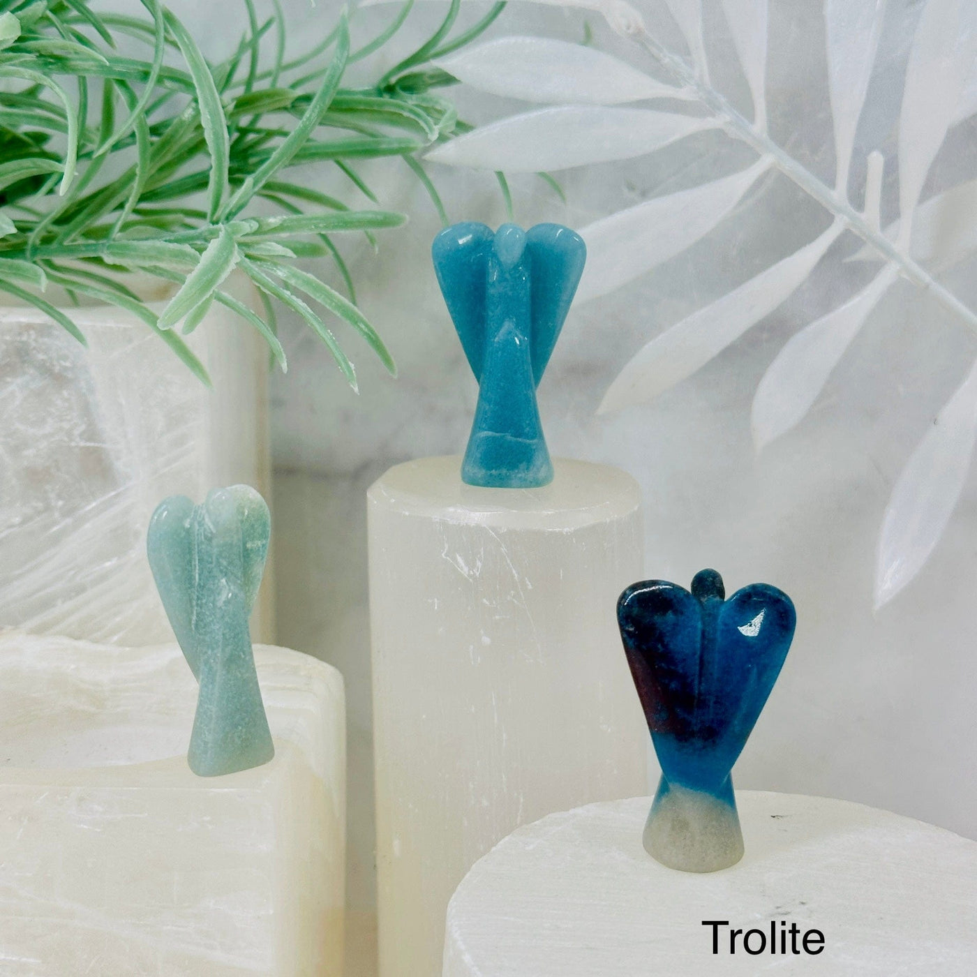 Gemstone Angels - Medium 3 trolite angels on pedestals at different angles labeled