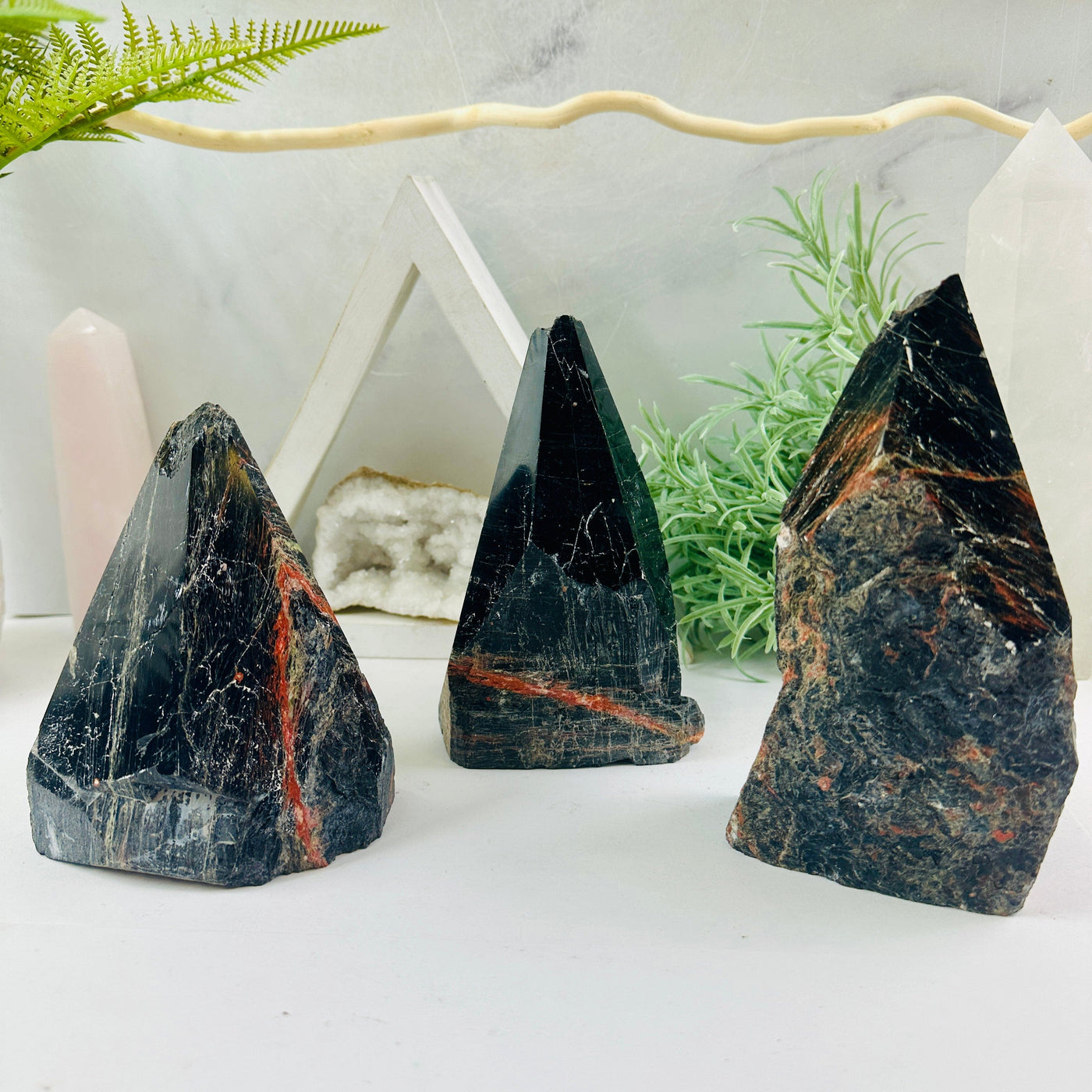 Black Tourmaline with Red Hematite - Semi-Polished Crystal Points - You Choose all variants