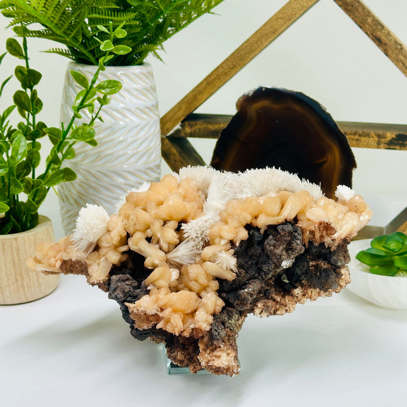 Scolecite on Peach Stilbite - High Quality Crystal Specimen - Museum Quality - front view with props in background