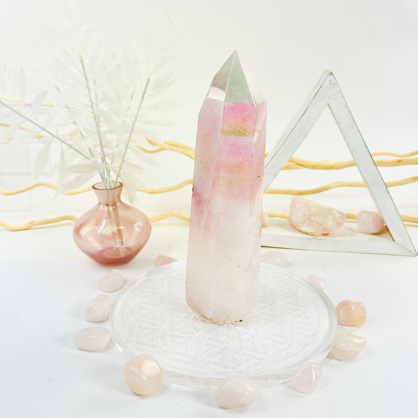 Angel Aura Rose Quartz Tower with Natural Inclusions back view