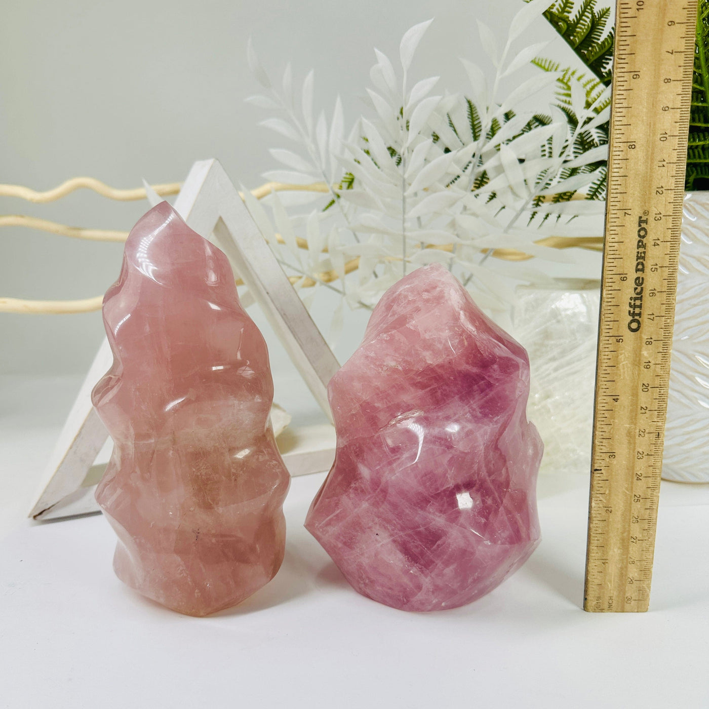 Rose Quartz Flame Tower - Carved Crystal - You Choose variants D E next to ruler for size reference