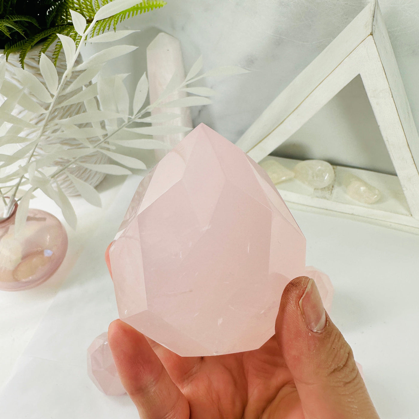  Rose Quartz Faceted Crystal Egg Point - You Choose - variant 1 in hand for size reference
