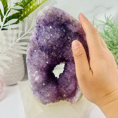 Amethyst Cluster Crystal Cut Base - OOAK with hand for size reference
