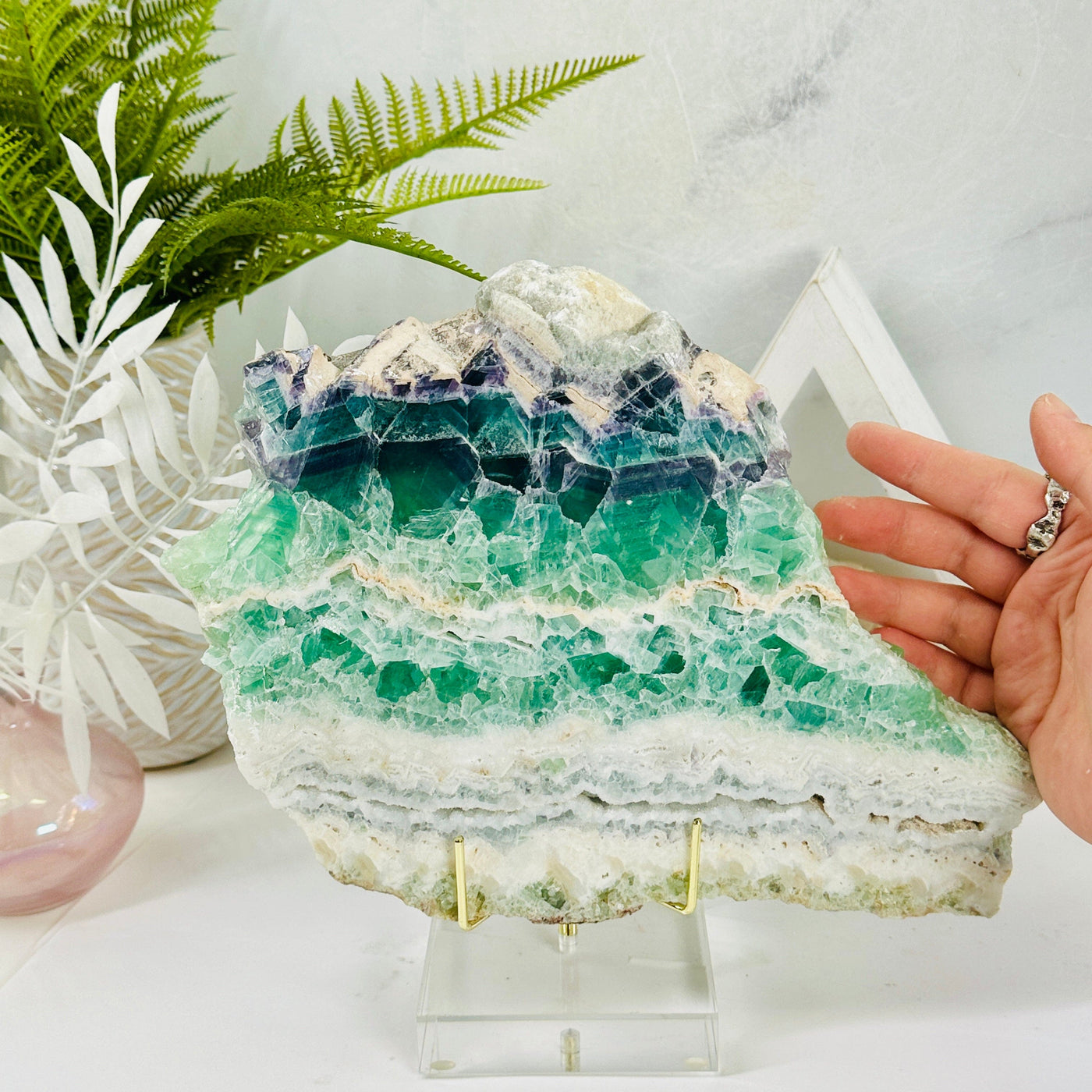 Fluorite Crystal Platter with hand for size reference