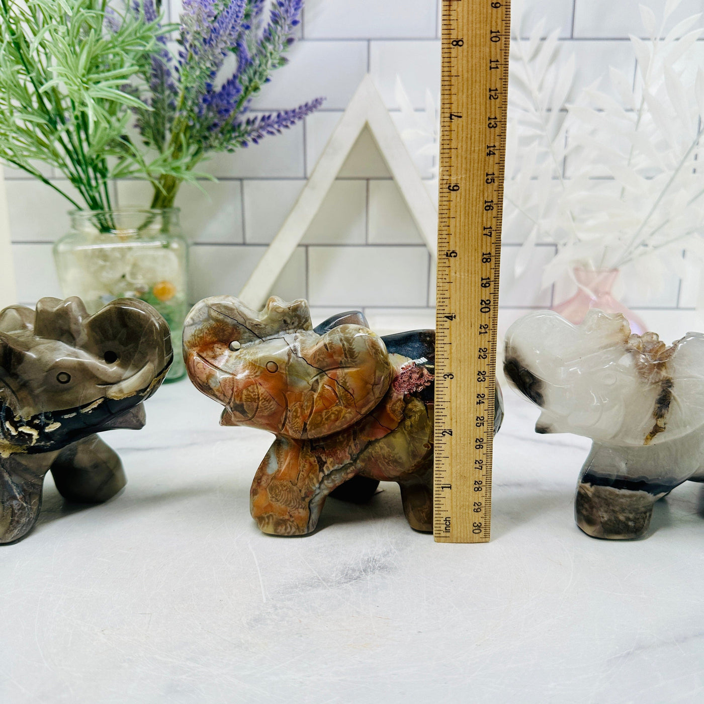 Lava Agate Crystal Carved Elephants - YOU CHOOSE all elephants with ruler standing up for size reference