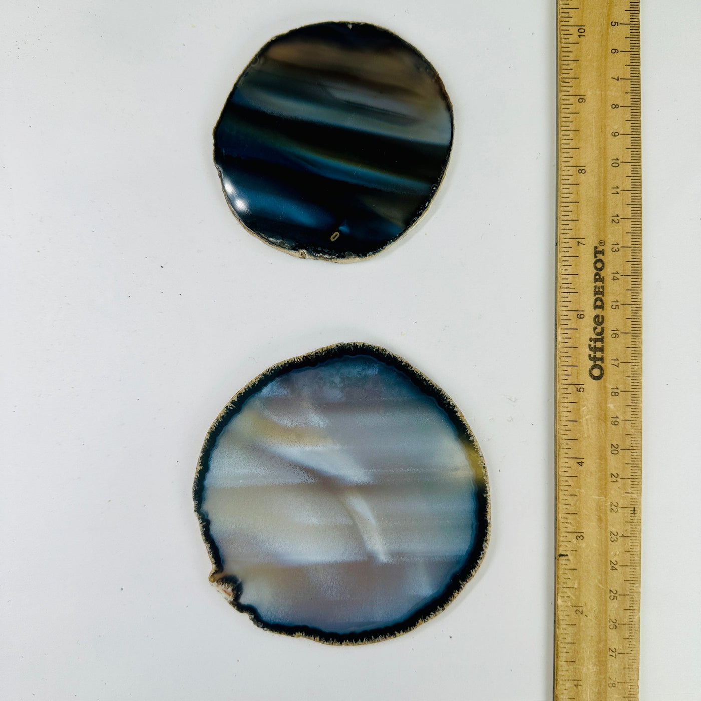  Agate Slice Set - Set of Two Agate Crystal Coasters with ruler for size reference