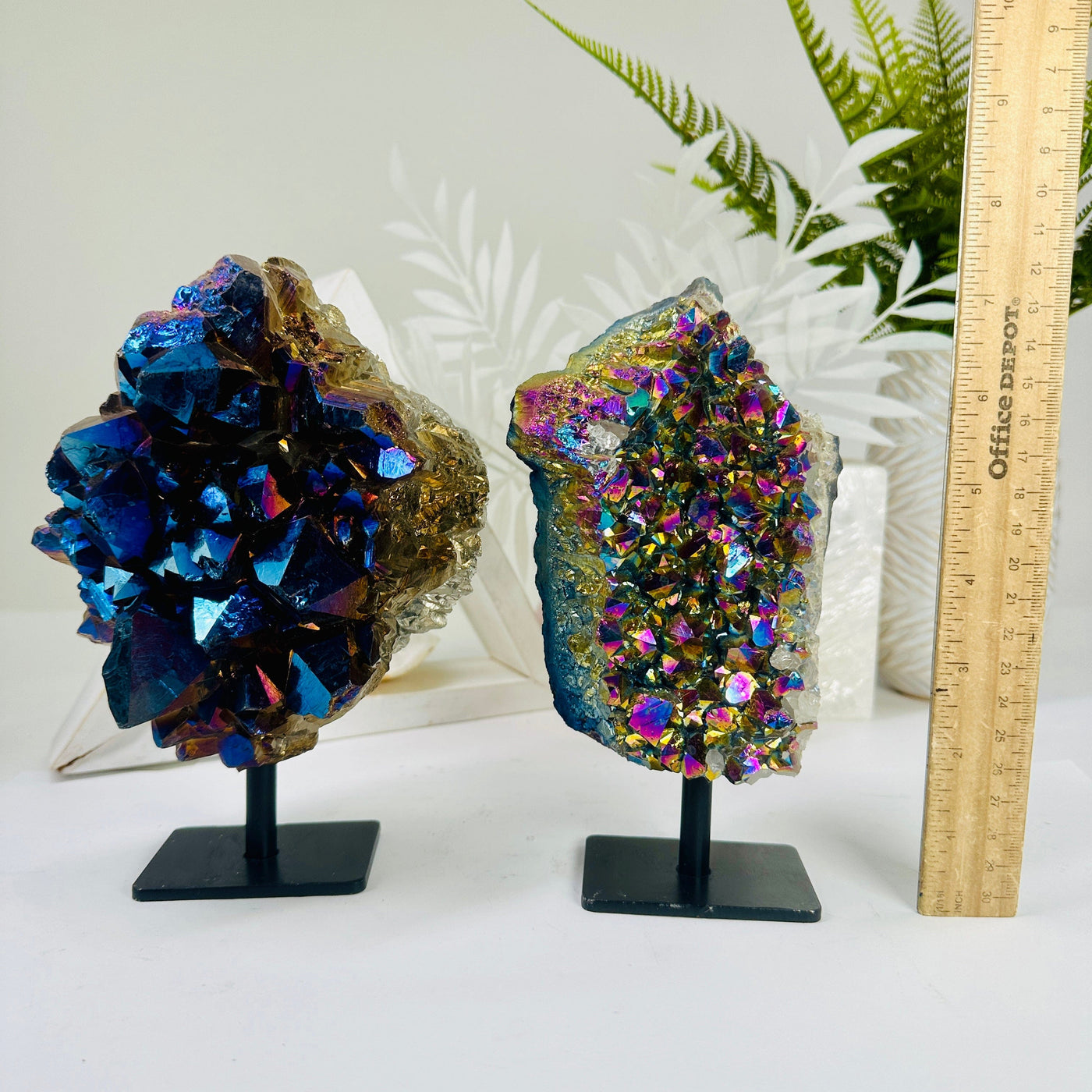Amethyst Titanium Cluster on Stand - You Choose variants C D next to ruler for size reference