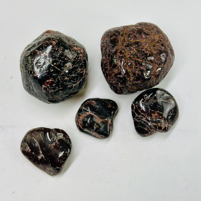 Garnet 1/2 lb bag Tumbled Nuggets - Mixed Sizes - Deep Red Rough Stones top view on white background