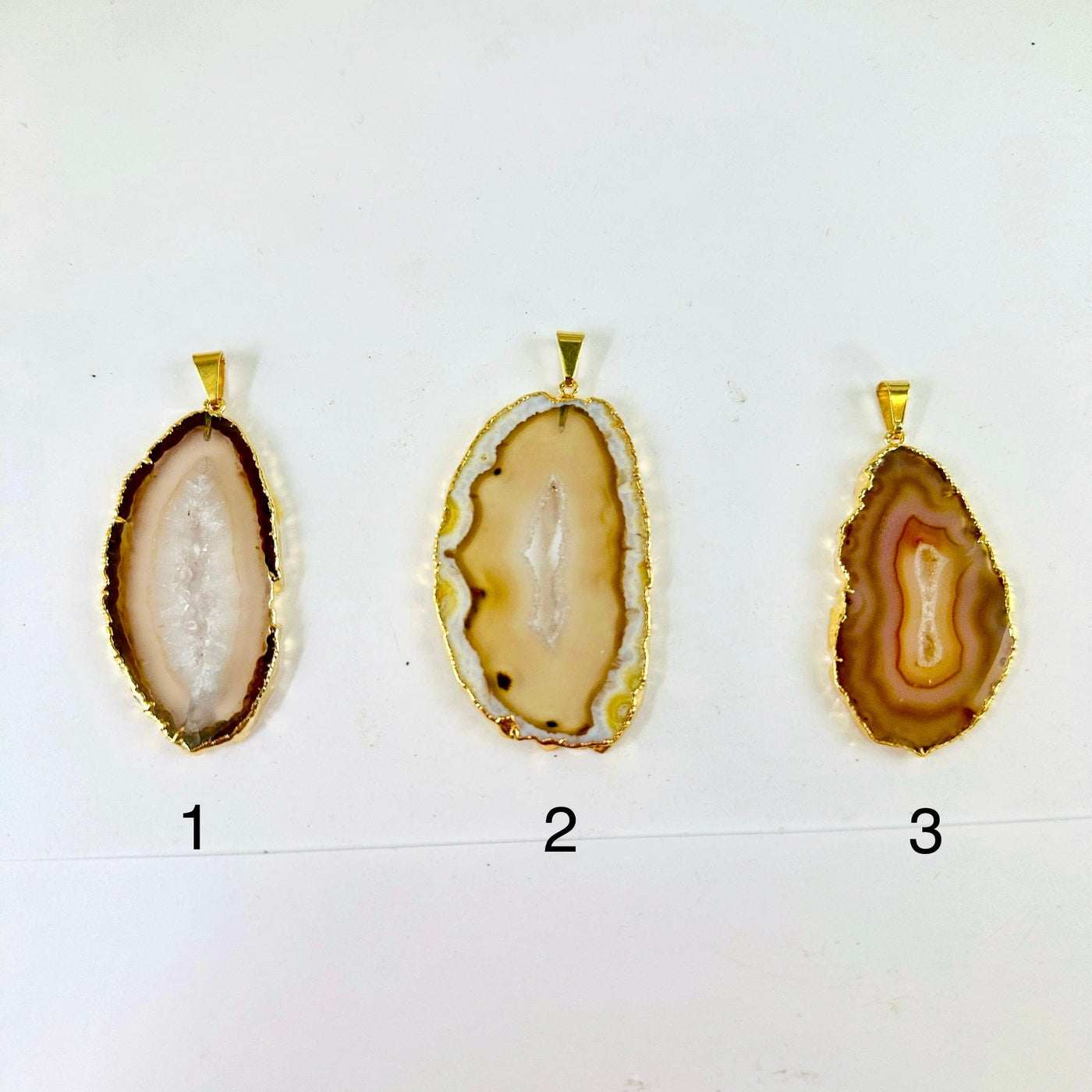 Agate Slice - Gold Electroplated Pendant with Gold Bail - You Choose pendants 1 2 3 labeled