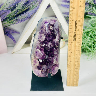 Amethyst Cluster on Metal Stand - Polished Crystal Cluster with ruler for size reference