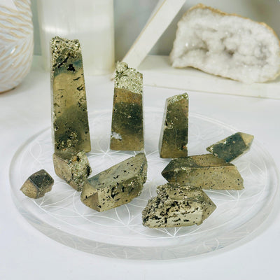 Pyrite Obelisk Tower Crystals - AS IS - YOU GET ALL all points arranged on flower of life disk