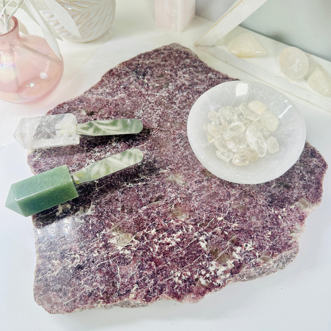  Lepidolite Platter - Purple Crystal Slab with crystal knives and bowl with tumbled stones