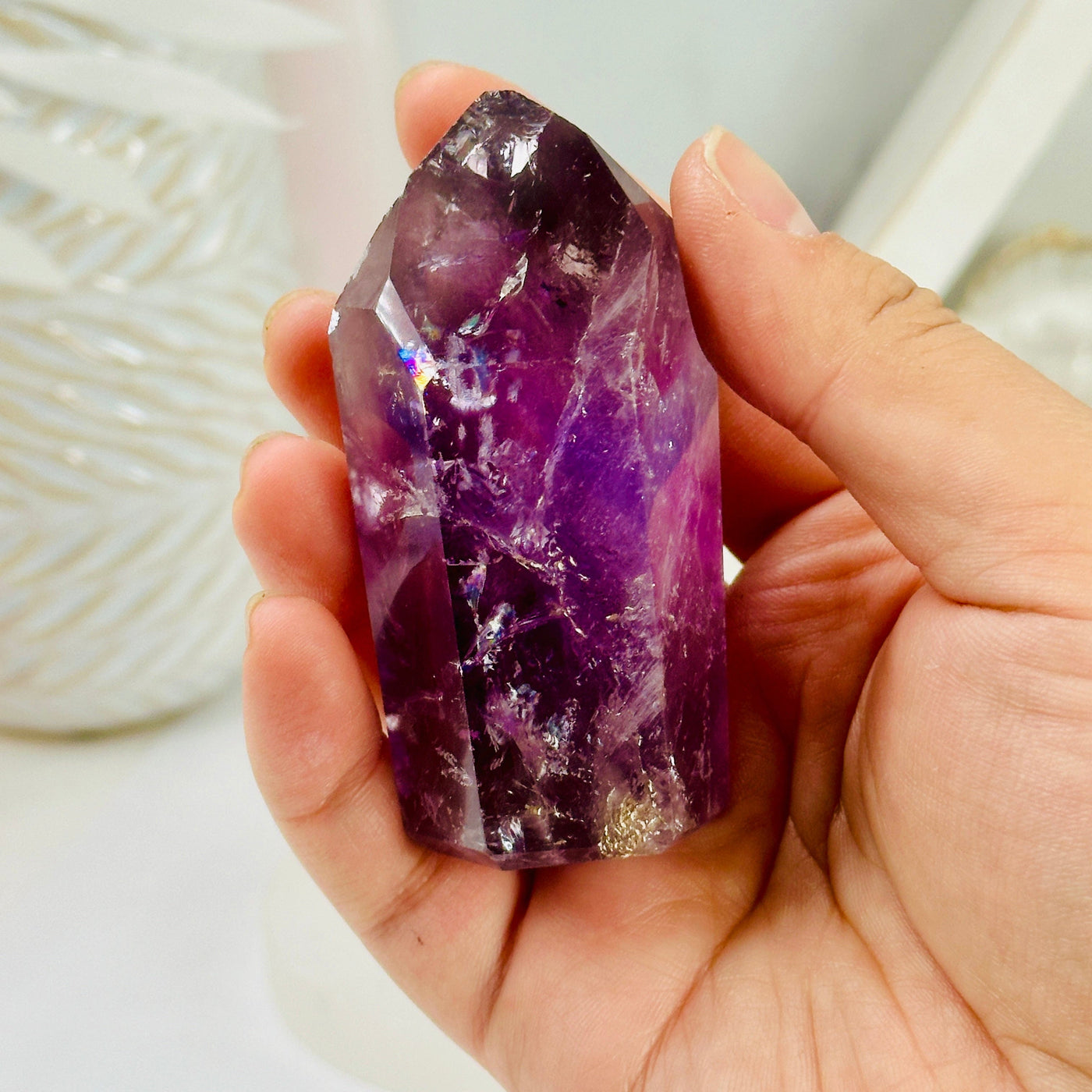 Amethyst Polished Point - Crystal Point - OOAK in hand for size reference