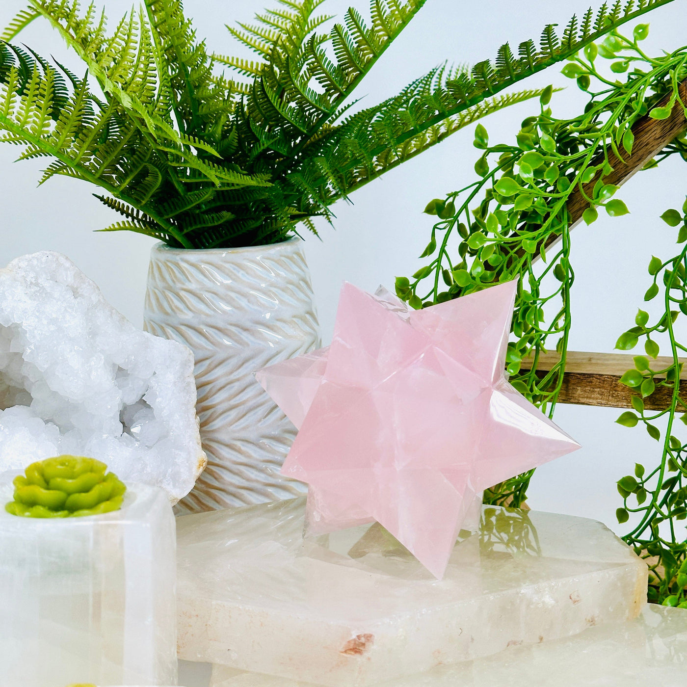 Rose Quartz Merkaba on quartz platter with plants and props in background