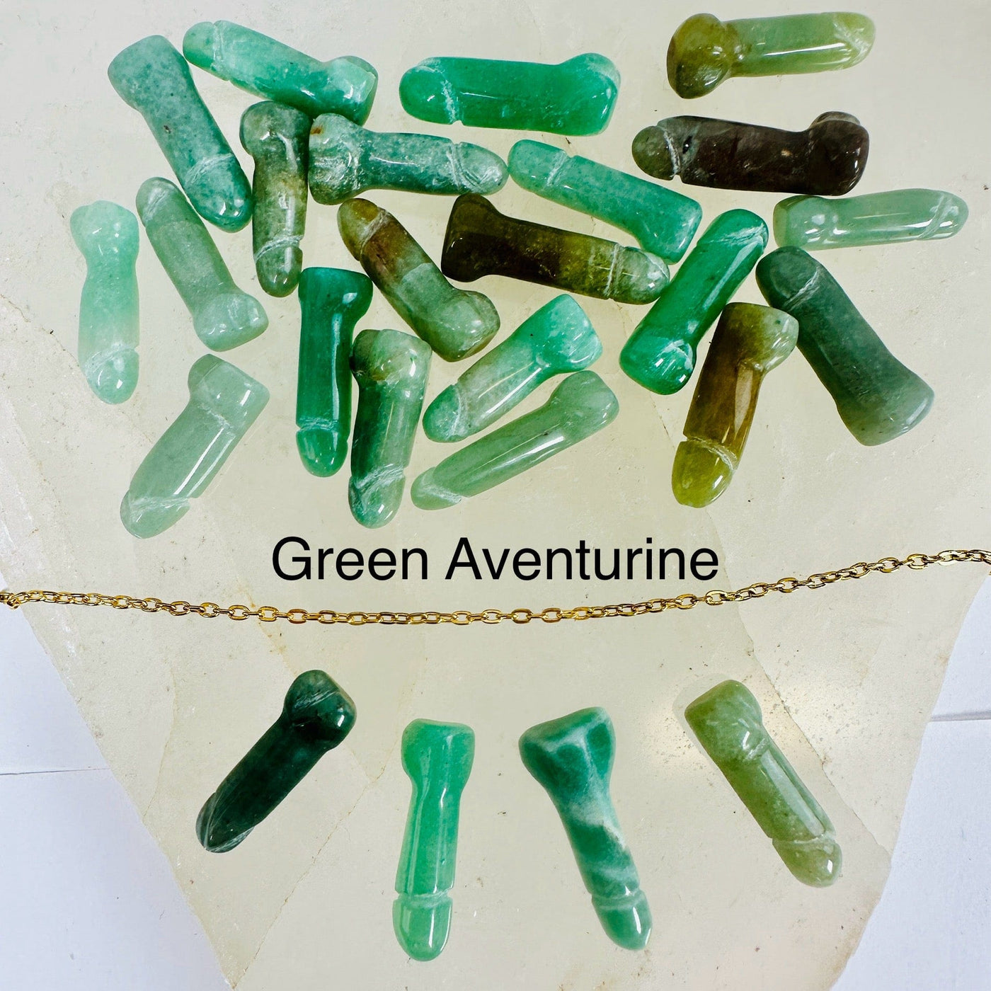 Mini Gemstone Penis - Carved Penis - green aventurine crystal penises with gold chain labeled