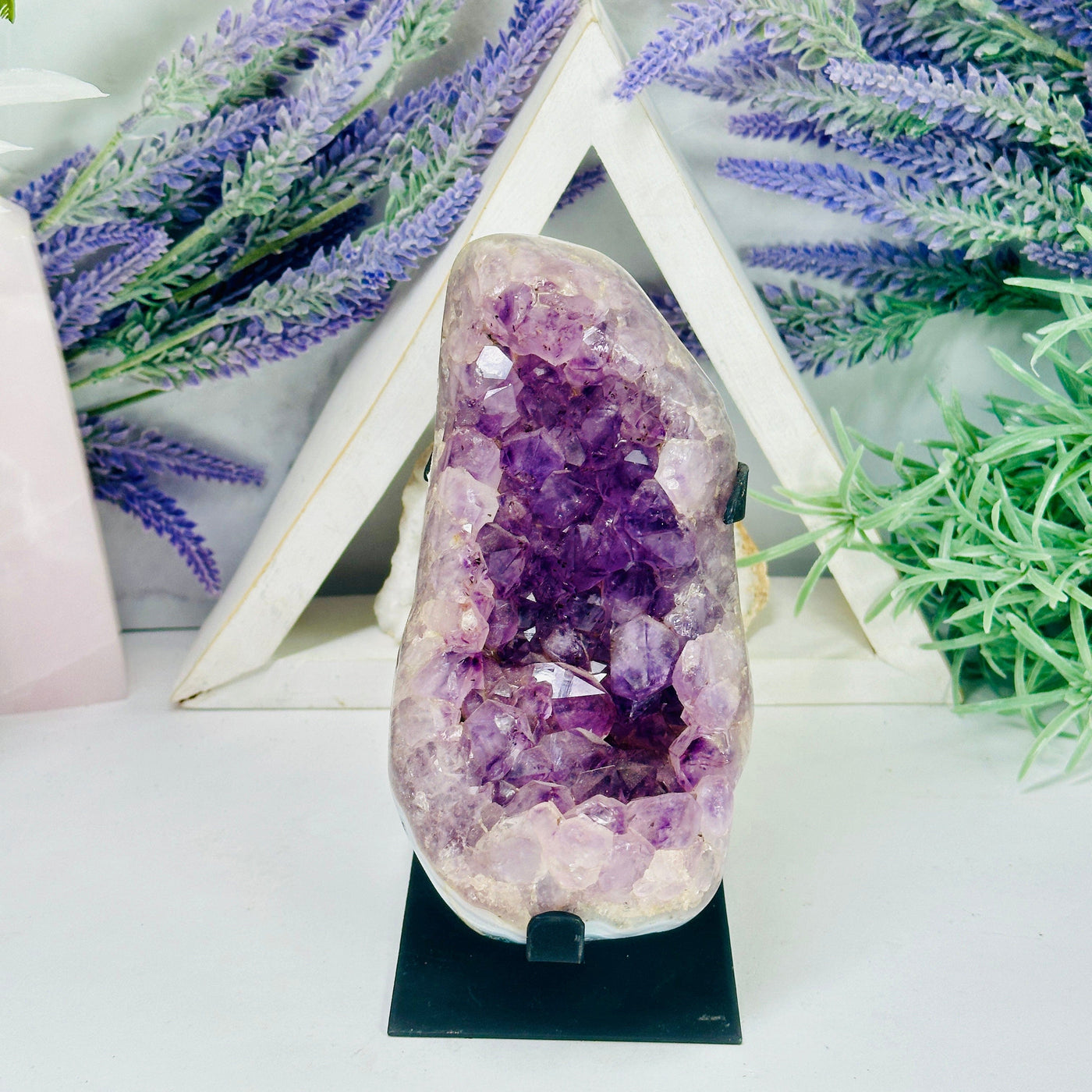 Amethyst Cluster on Black Metal Stand - Polished Crystal Cluster front view