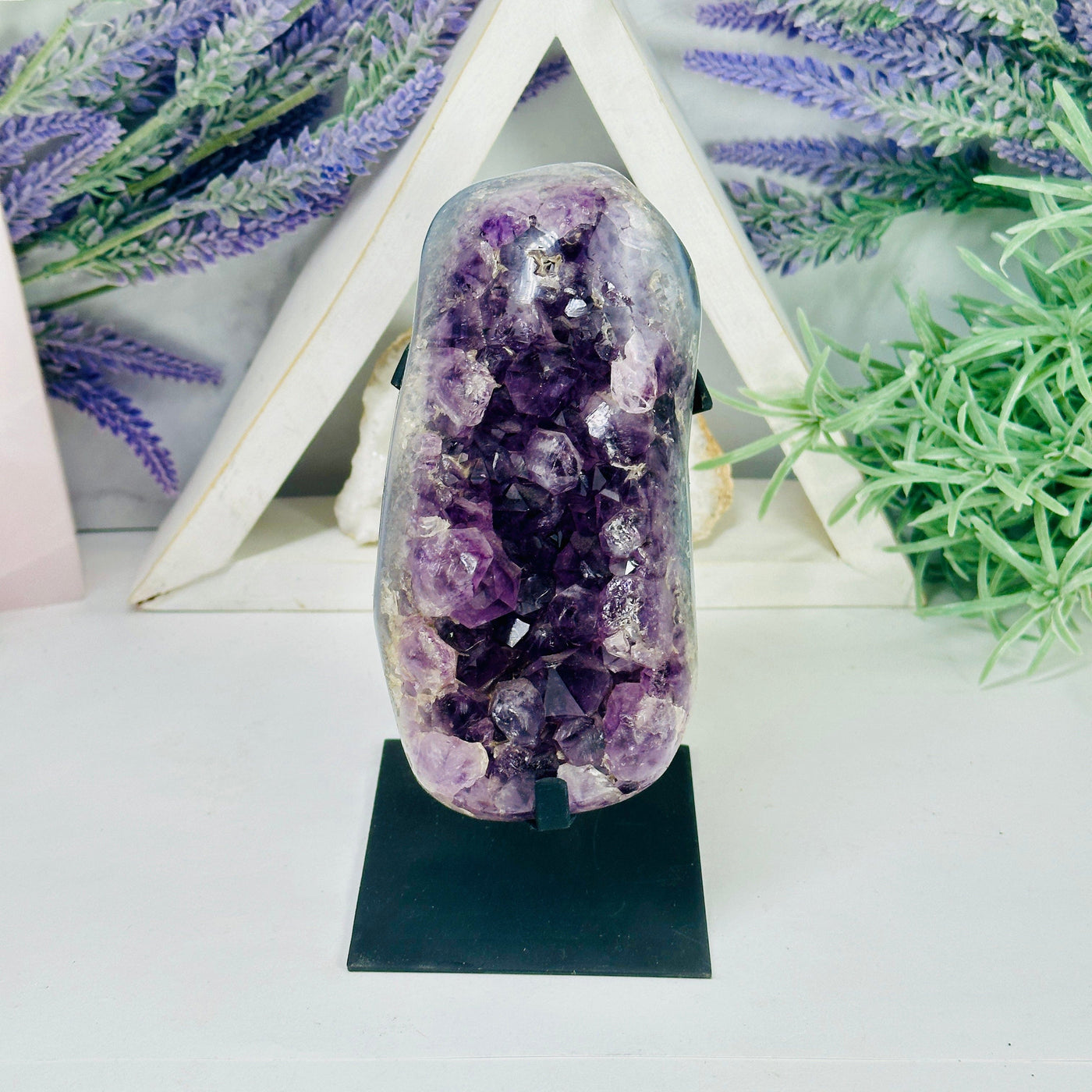 Amethyst Cluster on Metal Stand - Polished Crystal Cluster front view