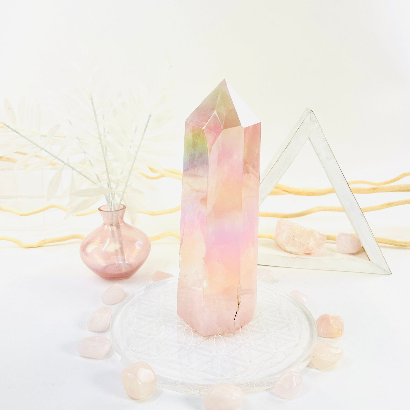 Angel Aura Rose Quartz Obelisk with Natural Inclusions front view