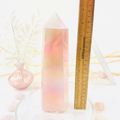 Angel Aura Rose Quartz Tower next to ruler for size reference
