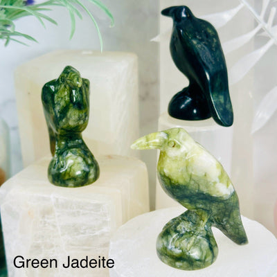 Gemstone Raven - Carved Raven - 3 green jadeite ravens at different angles labeled