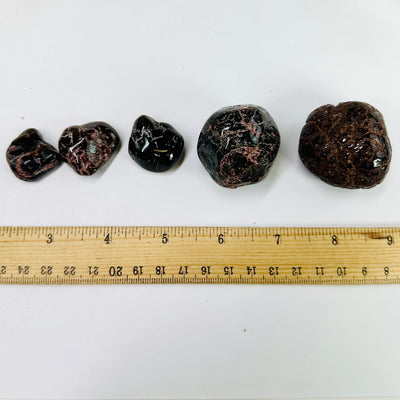 Garnet 1/2 lb bag Tumbled Nuggets - Mixed Sizes - Deep Red Rough Stones with ruler for size reference