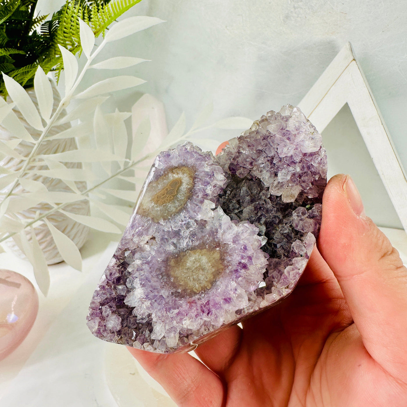 Amethyst Cluster with Crystal Blooms in hand for size reference