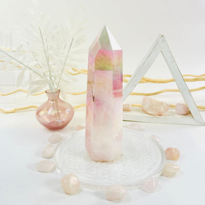 Angel Aura Rose Quartz Tower with Natural Inclusions side view