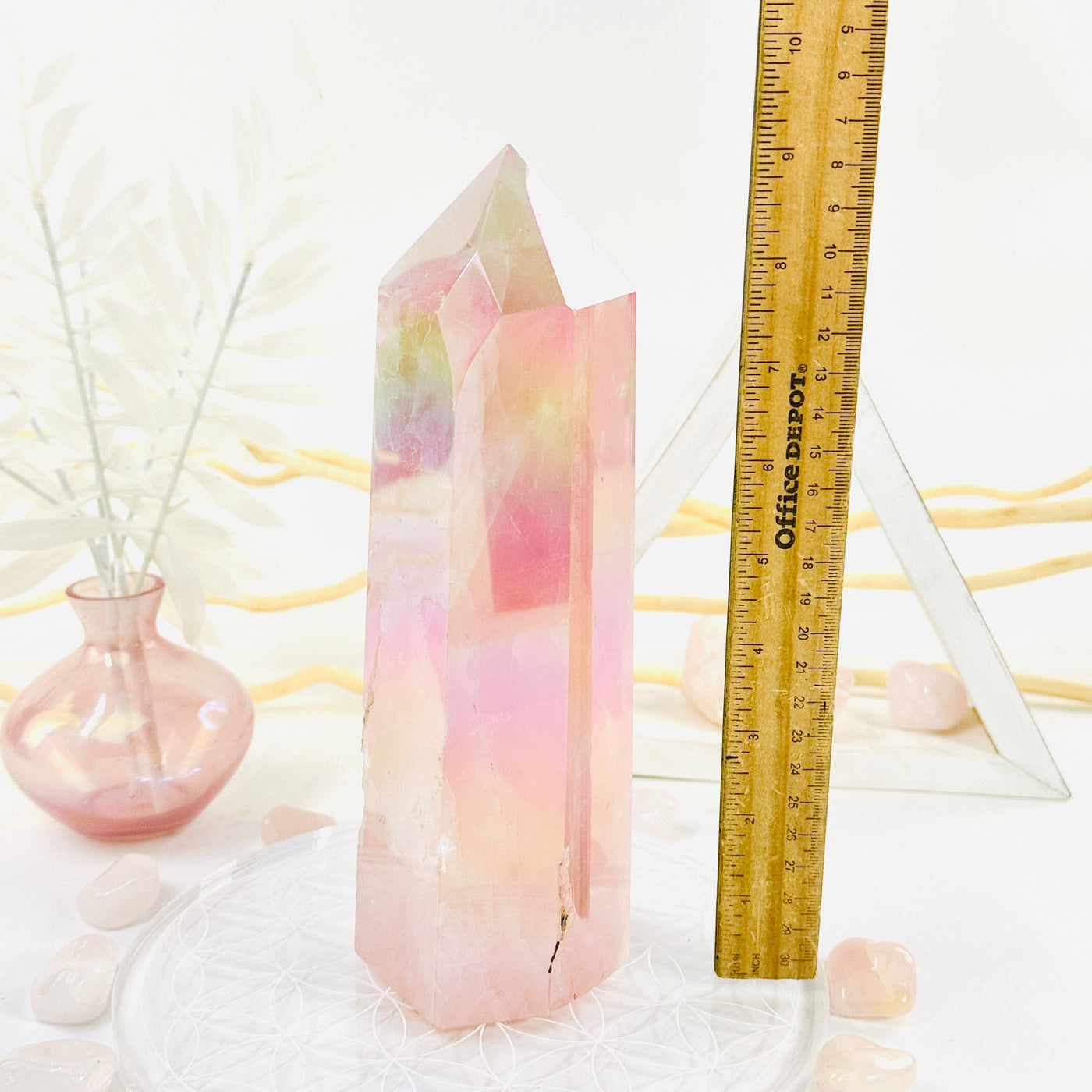 Angel Aura Rose Quartz Obelisk with Natural Inclusions with ruler for size reference