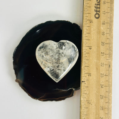 Rutilated Quartz Heart - Crystal Heart - OOAK on black agate with ruler for size reference