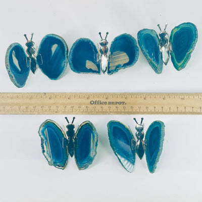 Agate Slice Crystal Butterfly on Stand - Dyed Blue Agate - You Choose all variants with ruler for size reference
