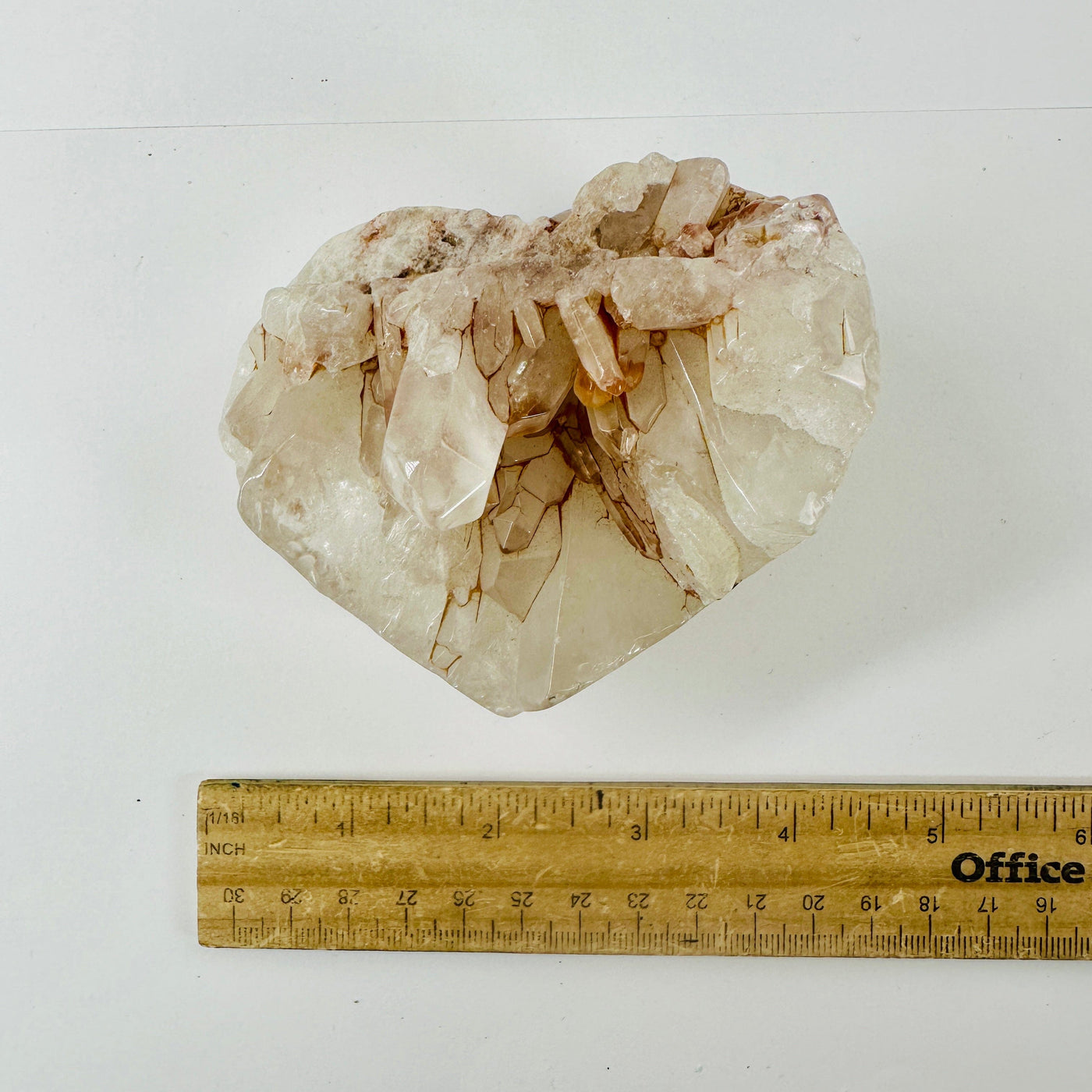 Crystal Quartz Cluster Heart top view with ruler for size reference