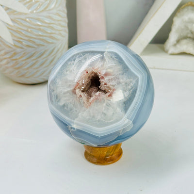 Natural Agate Druzy Sphere - Crystal Ball - OOAK on sphere stand front view