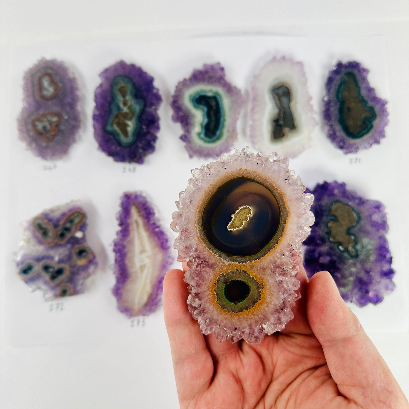 Amethyst Stalactite - Large Crystal Slices - YOU CHOOSE variant 274 in hand for size reference with other variants in background