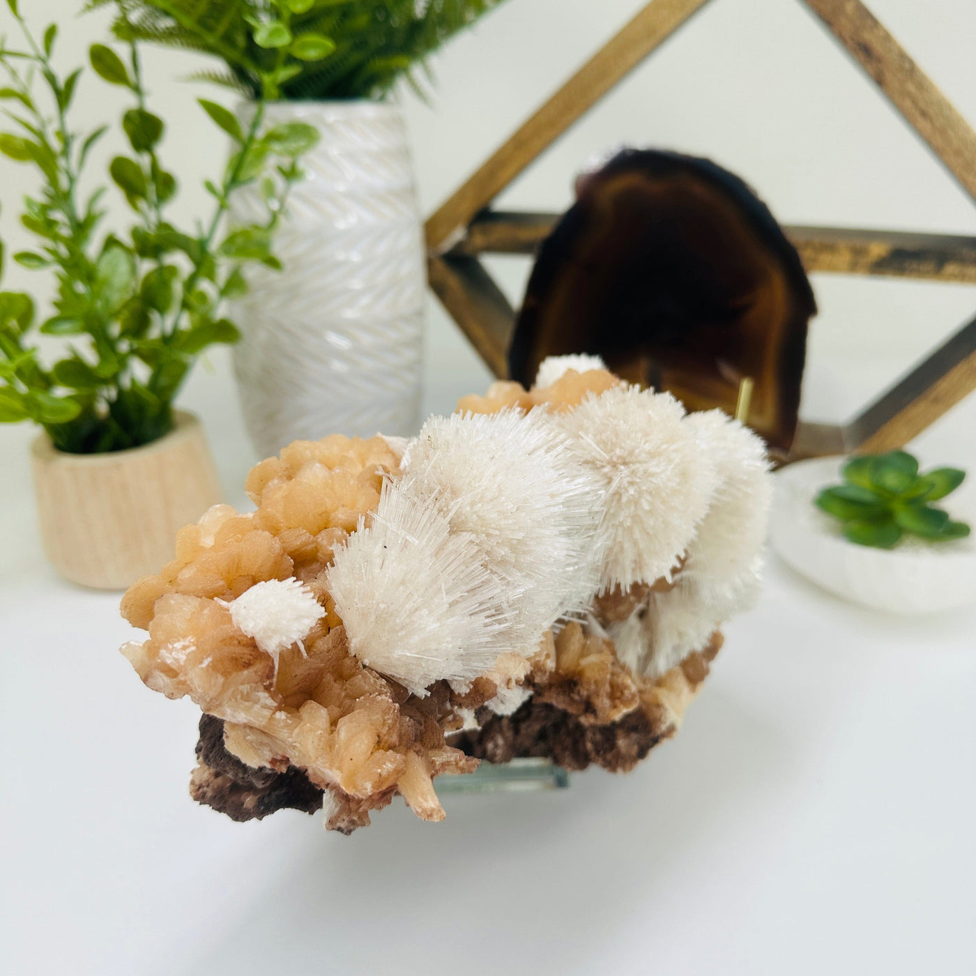 Scolecite on Peach Stilbite - High Quality Crystal Specimen - Museum Quality - side view