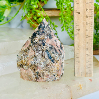  Feldspar with Black Tourmaline and Mica - Semi-Polished Crystal Point - OOAK front view with ruler for size reference