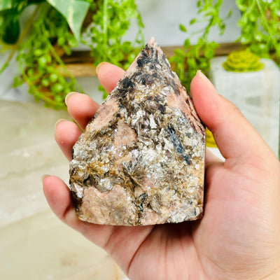  Feldspar with Black Tourmaline and Mica - Semi-Polished Crystal Point - OOAK in hand front view for size reference