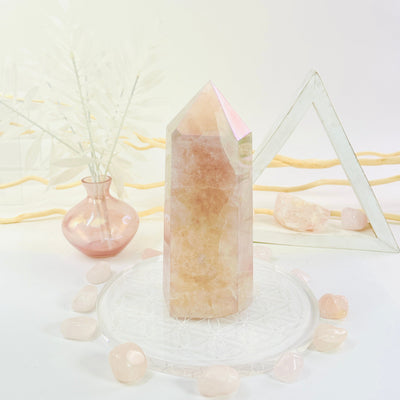 Angel Aura Rose Quartz Polished Point with Natural Inclusions front view