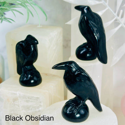 Gemstone Raven - Carved Raven - 3 black obsidian carved ravens at different angles labeled